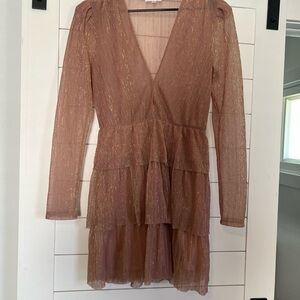 Socialite Dusty Rose Tiered Long Sleeve Dress with Gold Lurex